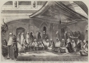 Interieur van een Sikh Tempel in Umritzir, lezen van de Grunt